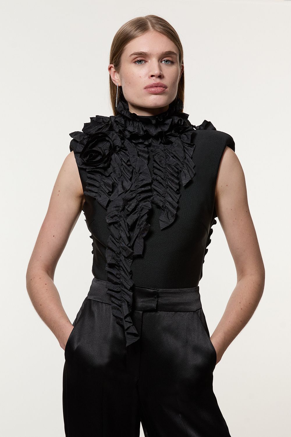 KarenMillen Figure Form Bandage Knit Woven Rosette Detail Top