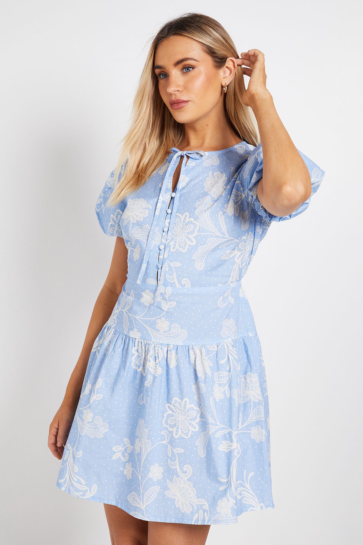 Dorothy Perkins Tie Front Button Detail Puff Sleeve Mini Dress