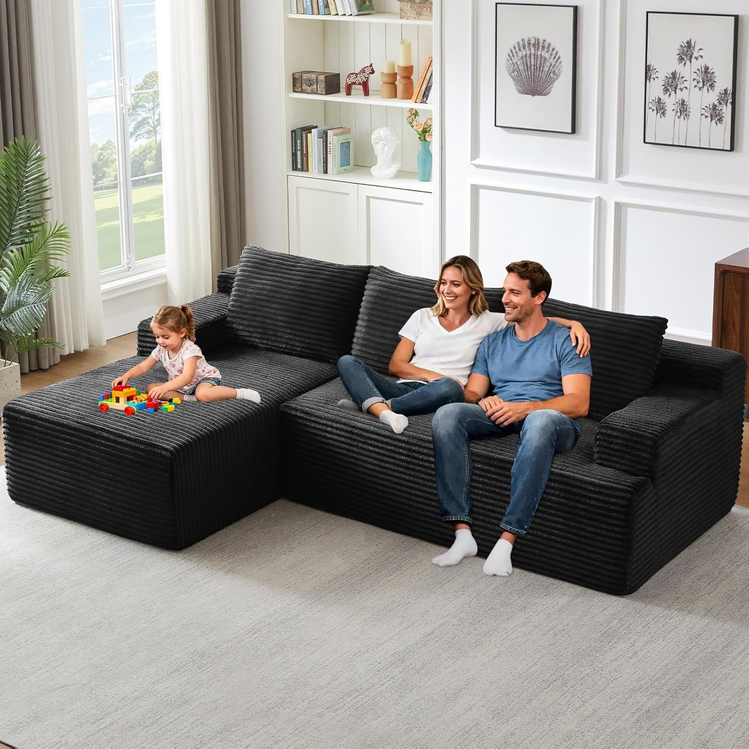 96 Modular Sectional Sofa Couches L-Shape Couch 3 Seat Modular Sofa Corduroy Memory Foam Sectional Boneless Couches for Living Room, Cloud Couch with Oversized Chaise(Black, Left Facing)