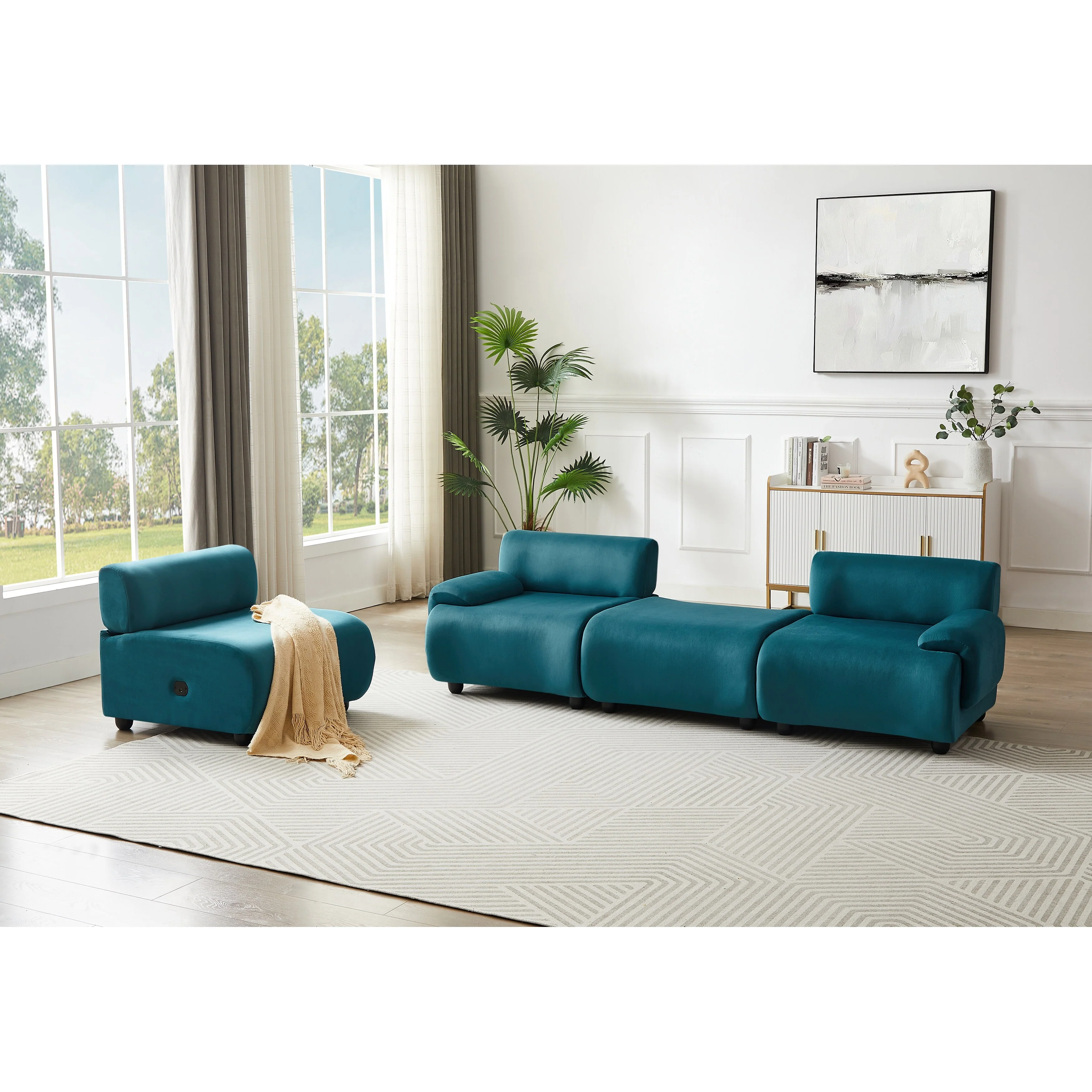 Blue 105 Fabric L-Shaped Convertible Sofa with Ottoman