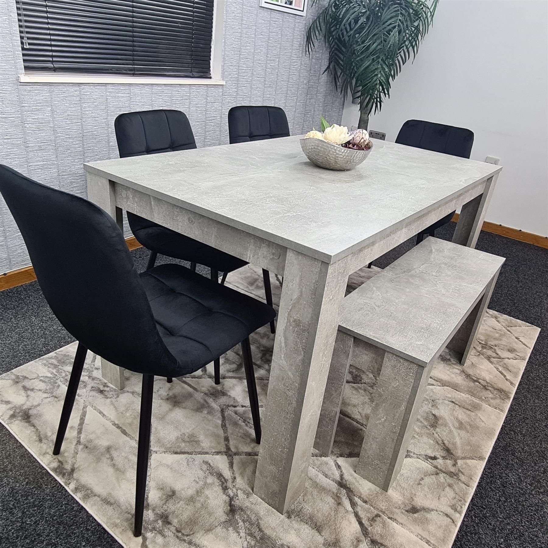 KOSY KOALA Modern Grey Dining Table Set with 4 Black Velvet Chairs And 1 Bench Dining Room Furniture