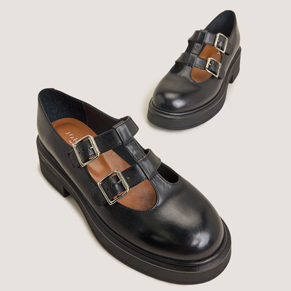 Babies à doubles brides et plateformesen cuir noir | DURSULA
