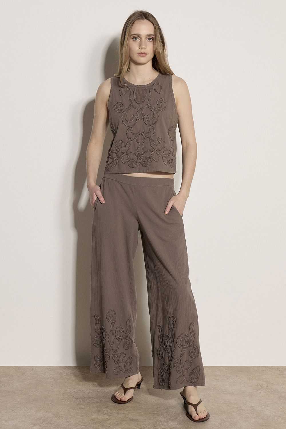 Apricot Embroidered Cotton Wide-Leg Trousers