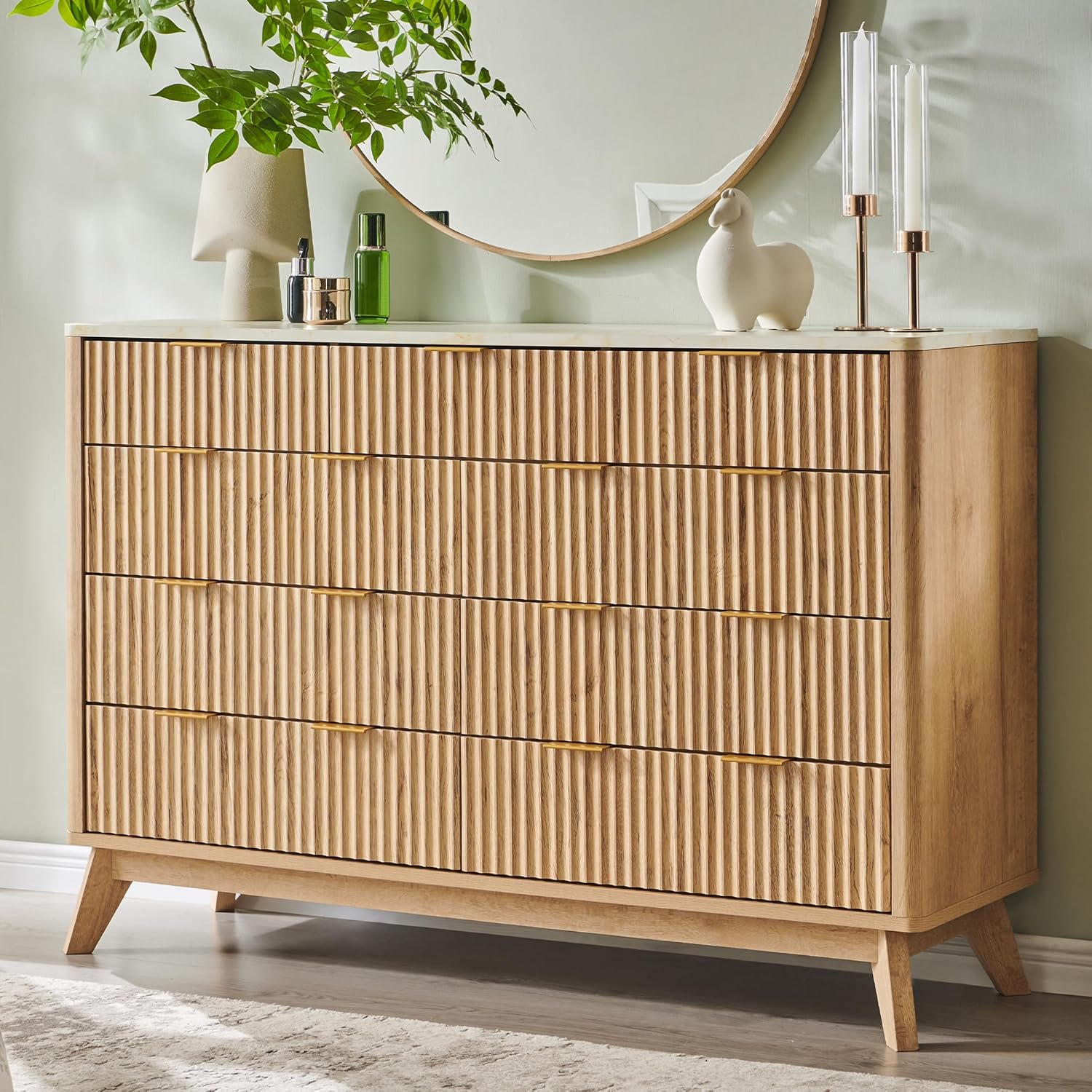 T4TREAM Fluted 9 Drawer Dresser, Modern Chest of Drawers with Faux Marble Top, Curved Profile Design, Dresser TV Stand, Wood Drawer Organizer for Bedroom, Living Room, Hallway, Natural Oak