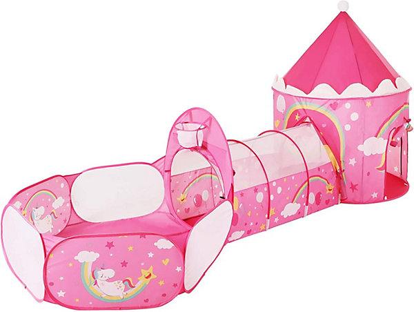 Aire de Jeux 3-en-1, Parc Enfant Pop-up, avec Tente, Tunnel, Piscine à balles, Thème Princesse Licorne