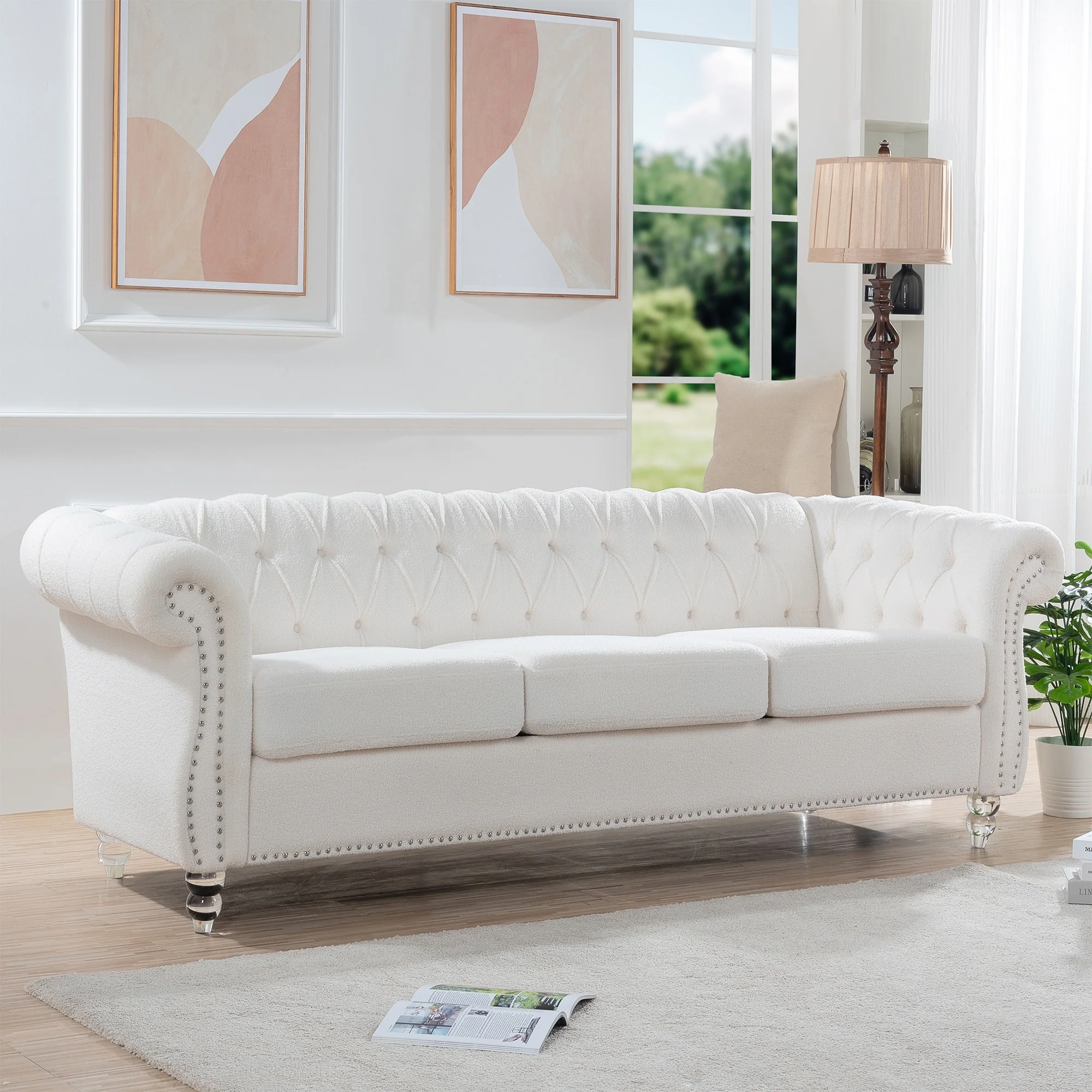 Nordic White Tufted Rolled Arm Upholstered Sofa - 32.09 x 84.65 x 28.35