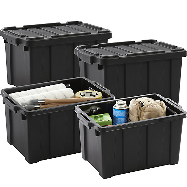 Iris Ohyama, Caisse Rangement avec Couvercle Robuste, 21L, Lot de 4, Noir, DDSKT-210