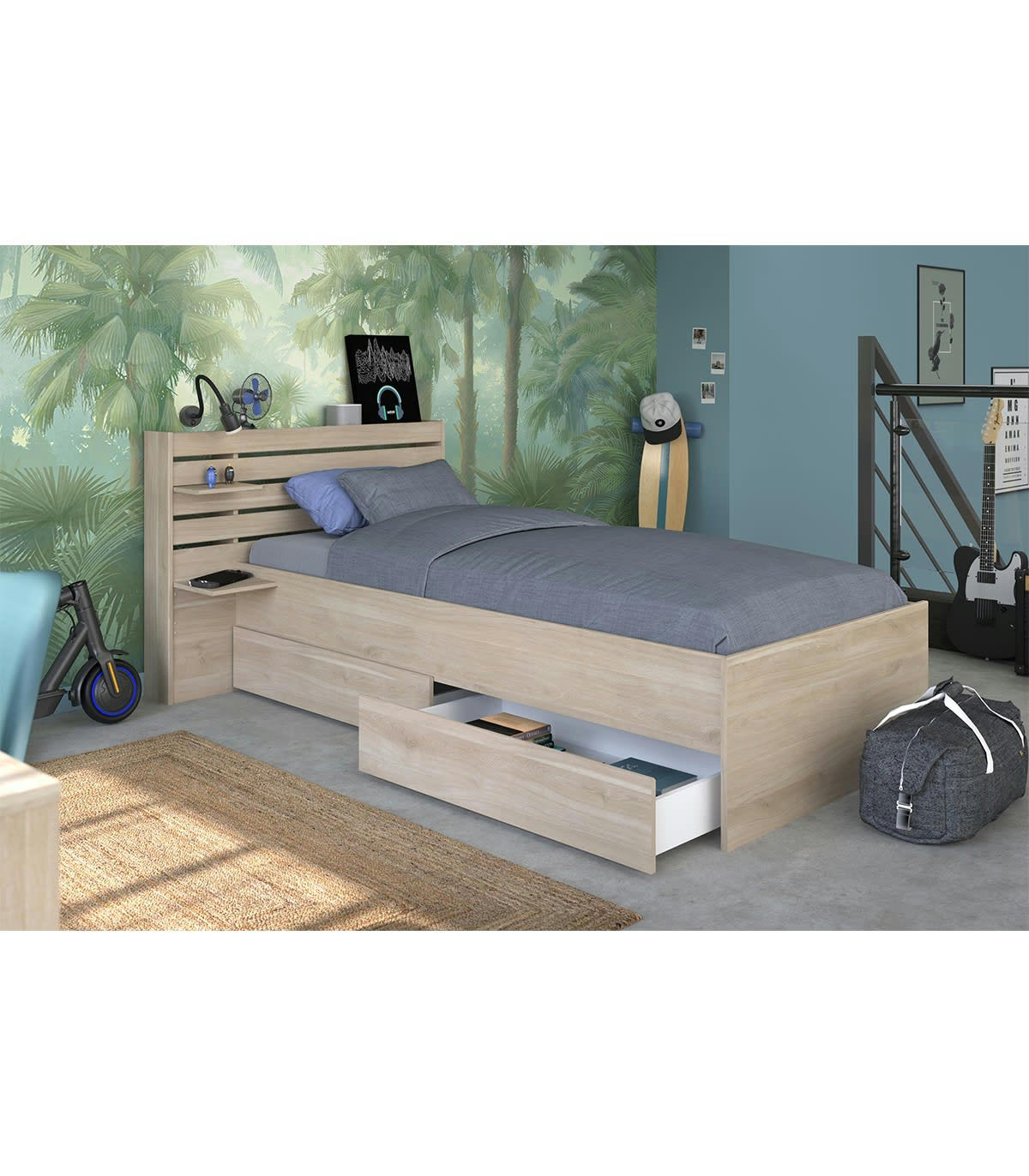 ESCALE - Lit couchage avec rangement 90x190/200 cm effet bois