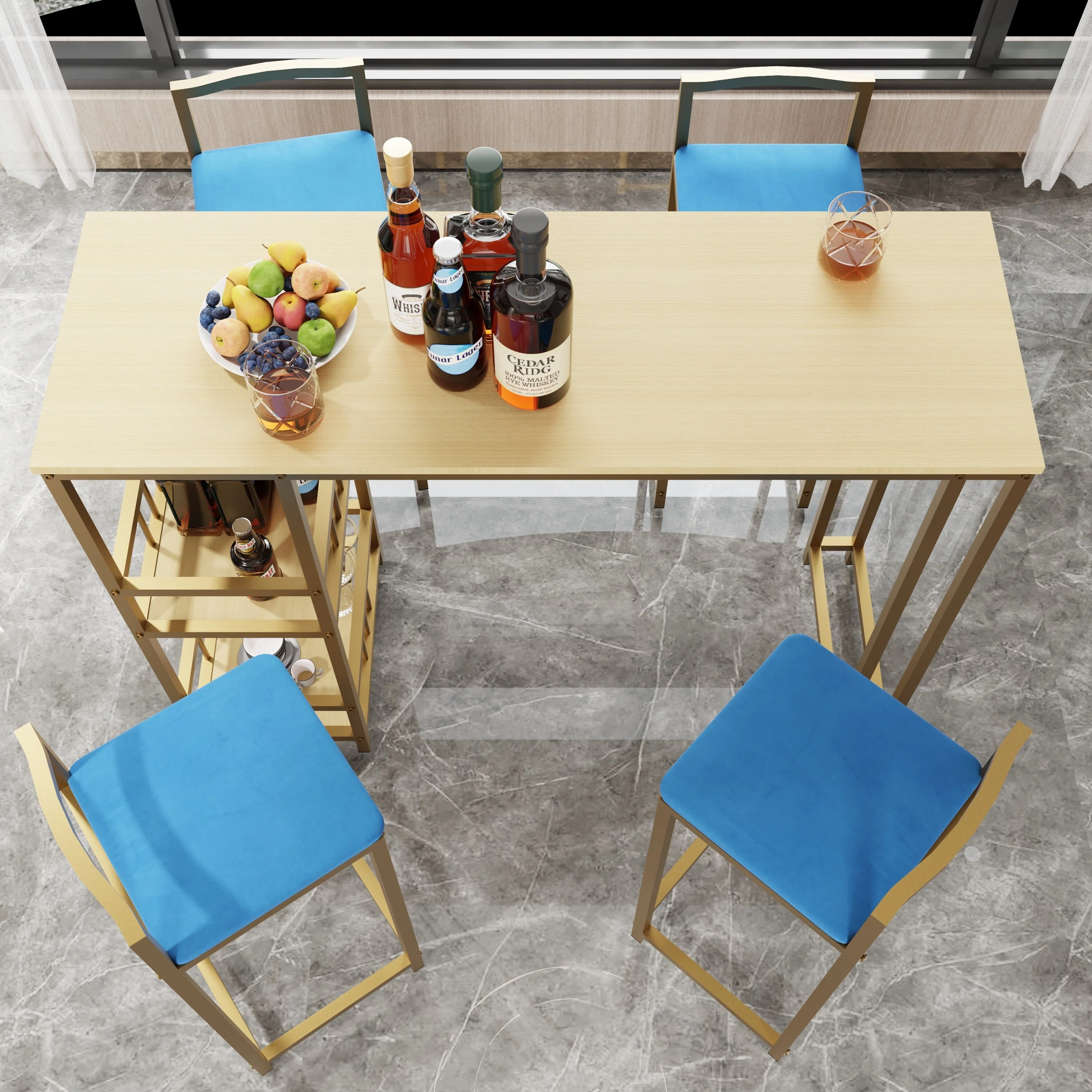 Bar table and chair five piece set, frame, multi-layer tabletop, chair cushion and backrest made of sponge