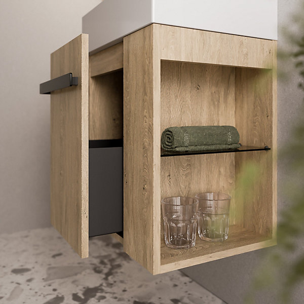 Meuble vasque lave-main Chêne miel 45x35x50cm (LxPxH) 1 tiroir   rangement droite   poignée Noir mat - COMPACT450