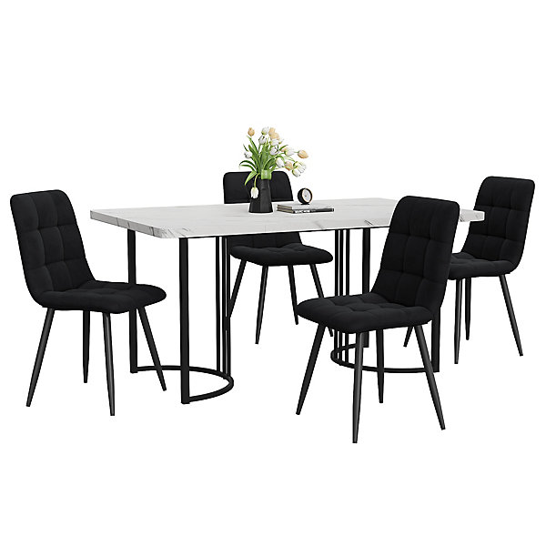 Ensemble table et chaises 140x80x75 cm avec 4 chaises, rectangulaire MDF effet marbre et assise velours