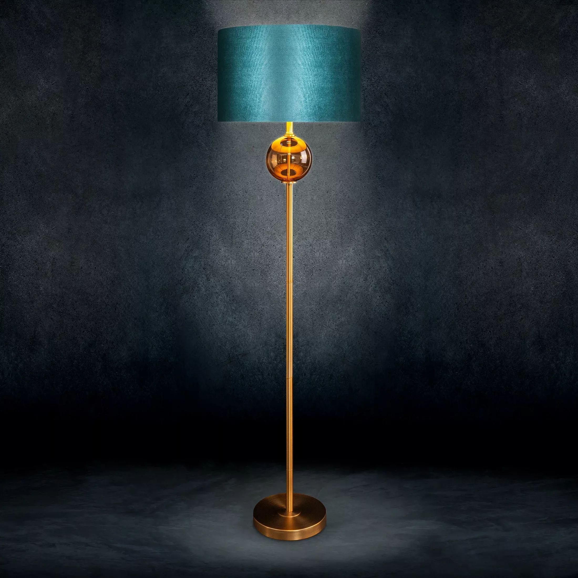 Lampa stojąca do pokoju turkusowo, złota MUSA z podstawą łączącą szkło i metal oraz welwetowym abażurem