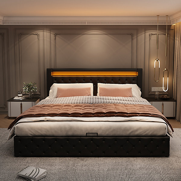 Lit 180x200 cm avec coffre de rangement, tête rembourrée et éclairage LED, tapissé PU noir