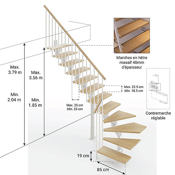 Escalier quart tournant 16 marches - Hauteur à franchir de 3.15 à 3.79m - Largeur 85cm - Limon central - Bois et blanc -