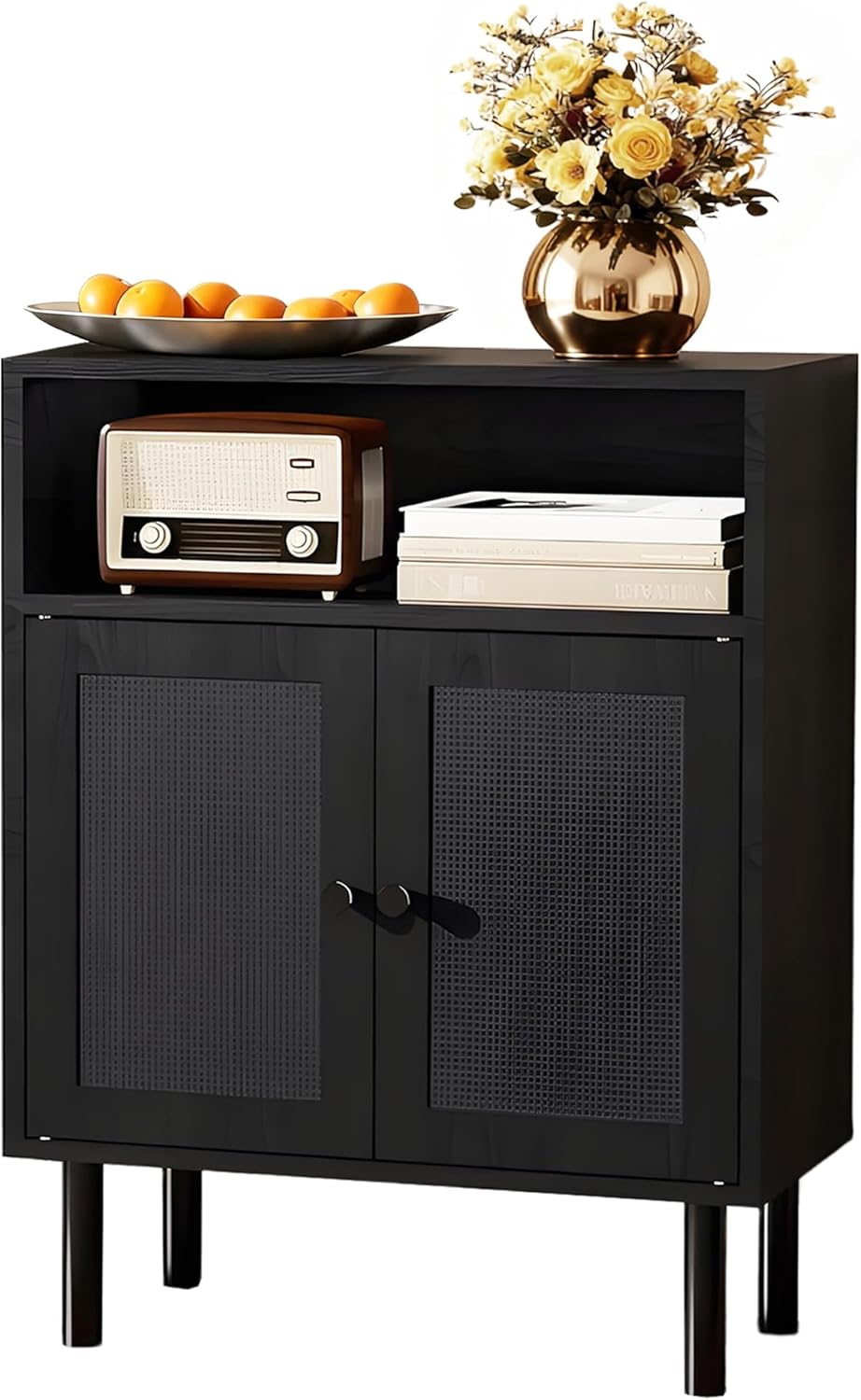 Rattan Storage Cabinet, Boho Accent Cabinet with Double Doors, Small Freestanding Sideboard for Hallway, Laundry Room,Kitchen, Dining Room, Entryway (Black)
