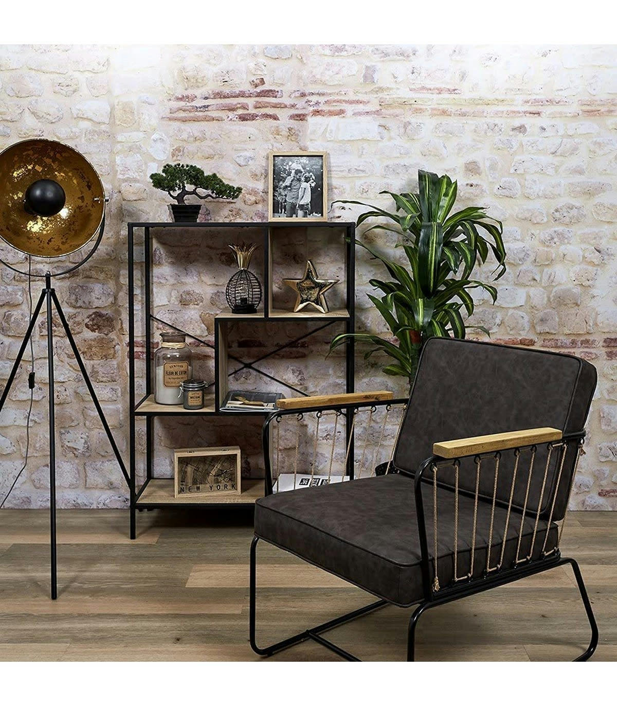 EDISON - Étagère multi-compartiments décor effet bois naturel et noir H113cm