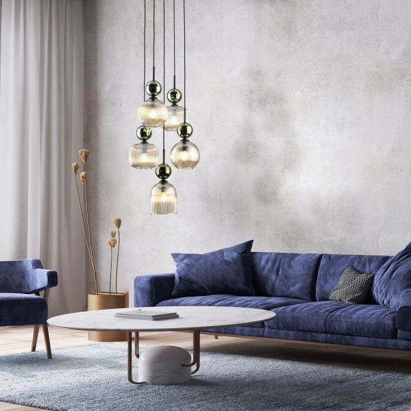 Lampa Wisząca Na Kole Tk Lighting Sophia Zielone Koniakowe Klosze Ryflowane