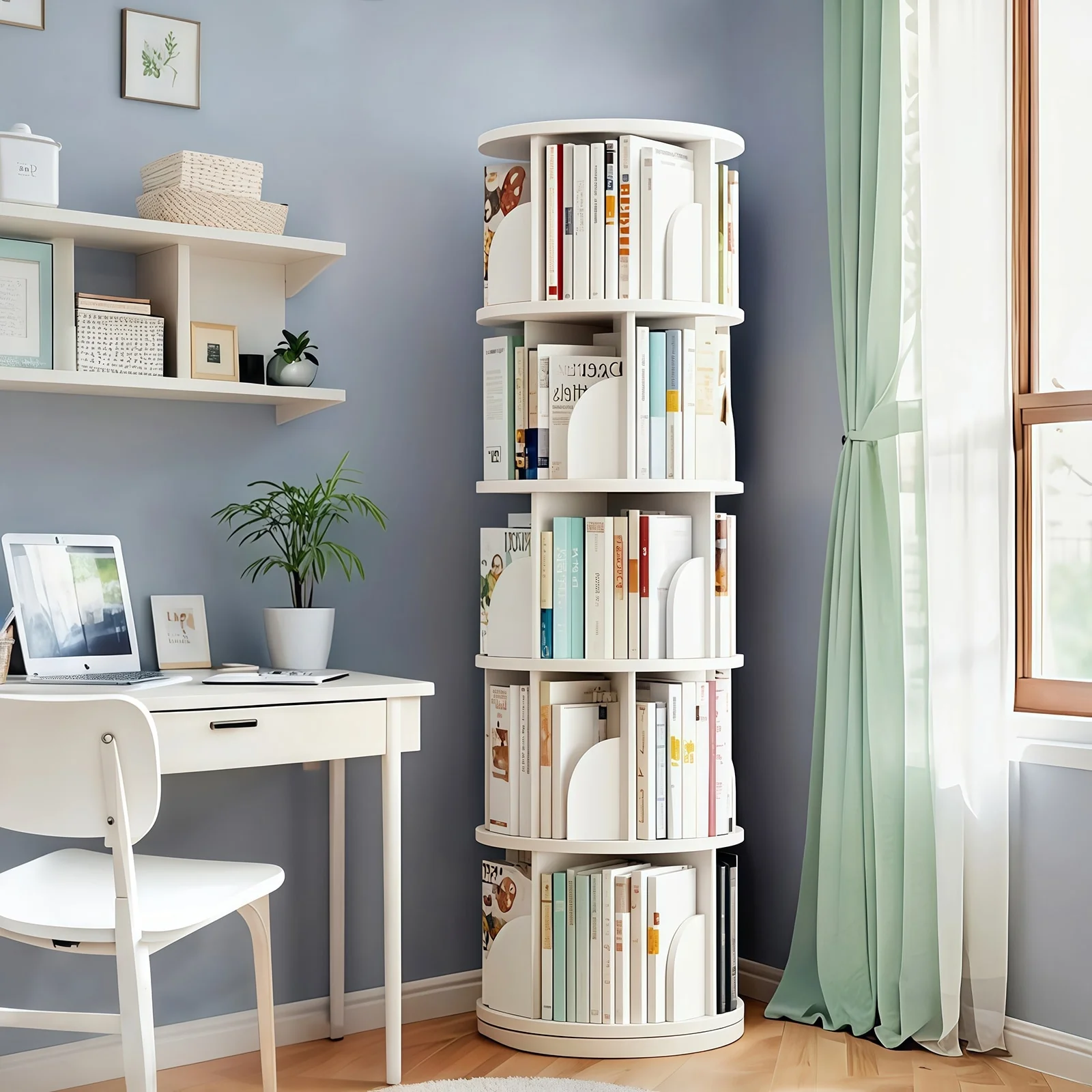 5 Tier Rotating Bookshelf, 360° Display Round Spinning Bookshelf, Space-Saving