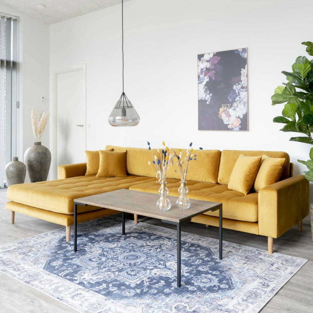 LIDO - Canapé d'angle gauche 4 places en velours jaune moutarde