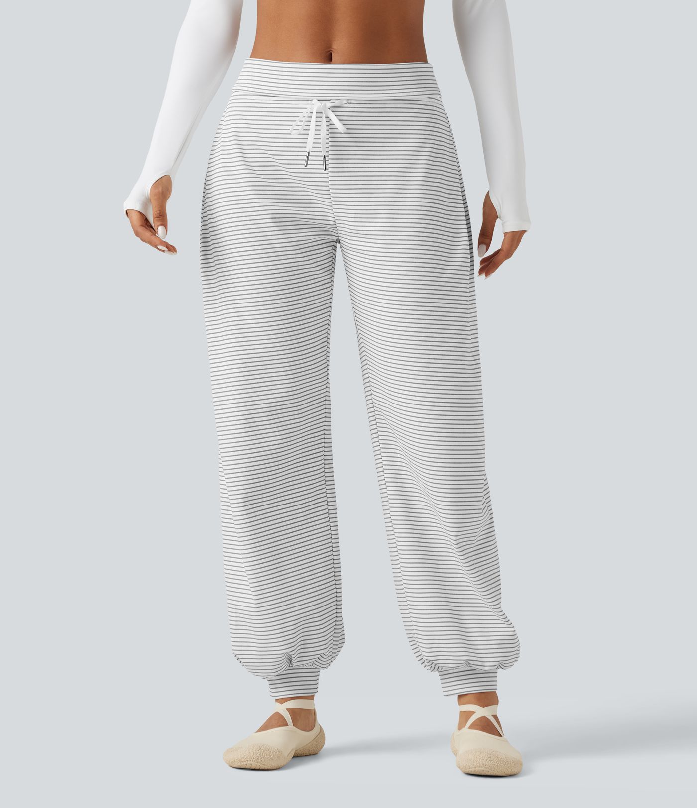 Pantalon de jogging de yoga rayé taille mi-haute à taille rabattable et cordon de serrage avec poches