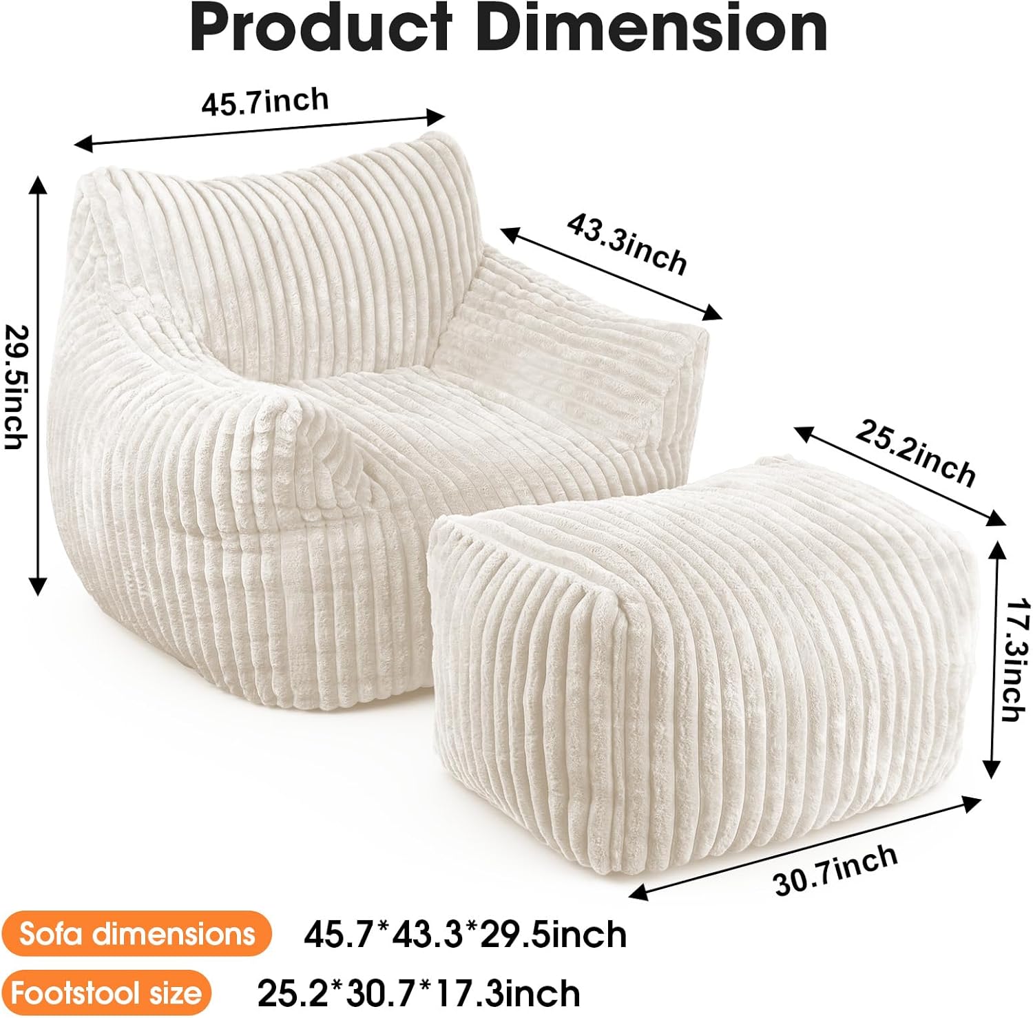 Giant Bean Bag Chair with Ottoman, Oversized Memory Foam Bean Bag Sofa for Adults and Kids, Large Comfy Fluffy Single Lounges Mini Couch for Living Room, Bedroom & Dorm(Beige)