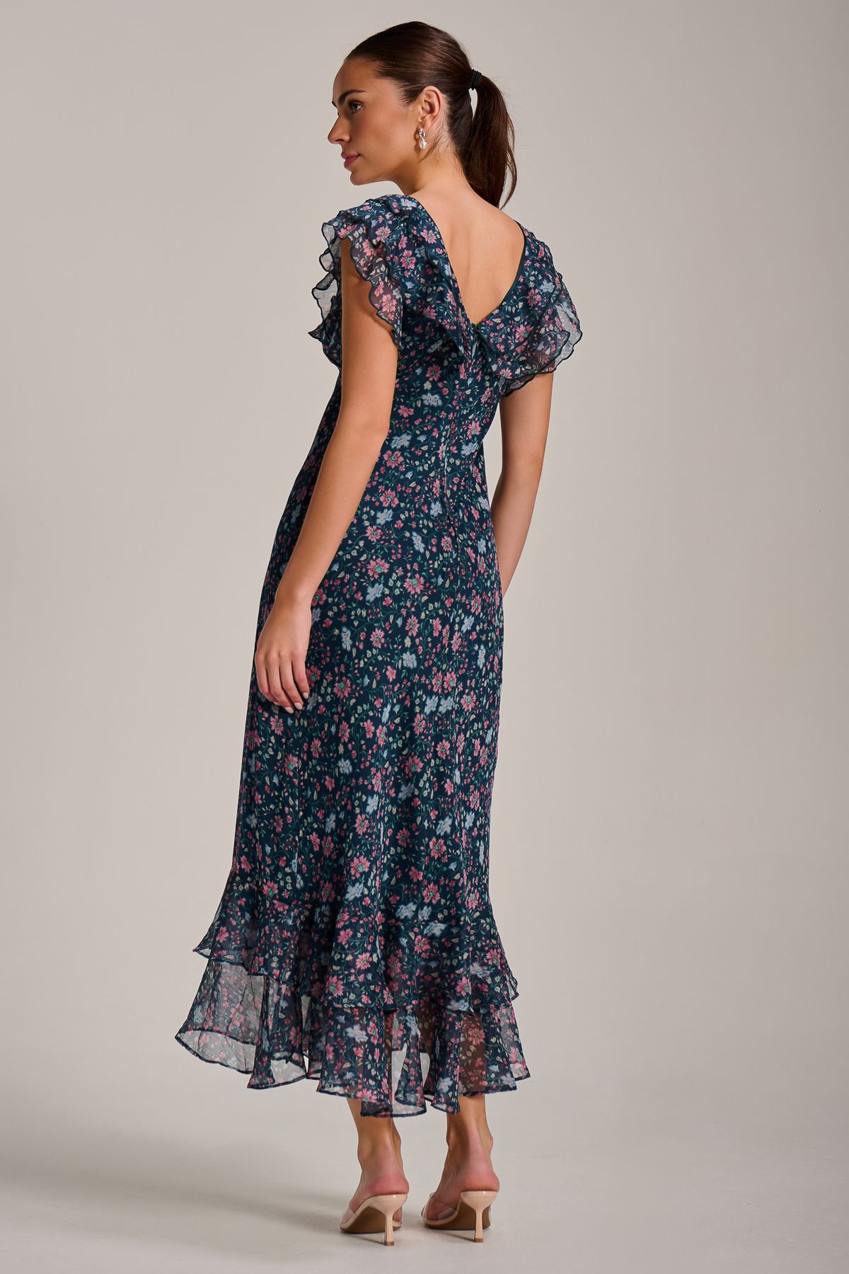 Jolie Moi Ruffle V Neckline Chiffon Midaxi Dress