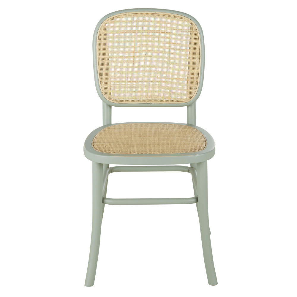 Esta - Chaise en bois de hêtre vert kaki effet vieilli cannage en rotin