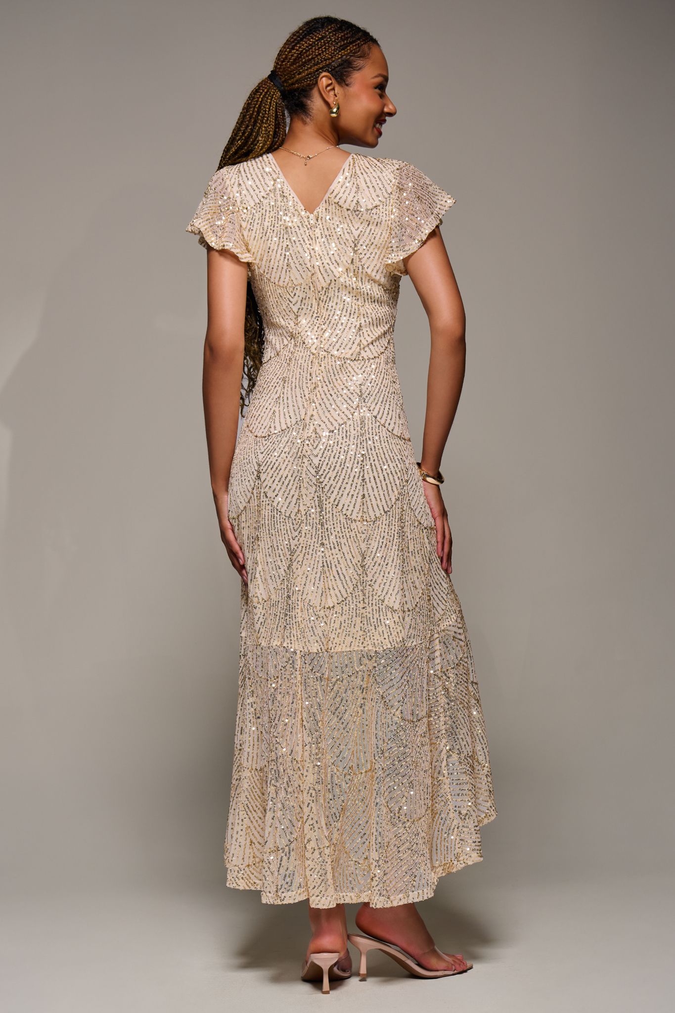 Jolie Moi Frill Short Sleeve Sequin Maxi Dress
