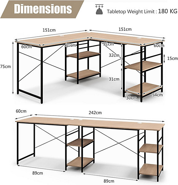 Bureau en Forme de L avec étagères de Rangement Bureau angle Industriel en Bois de 29 m