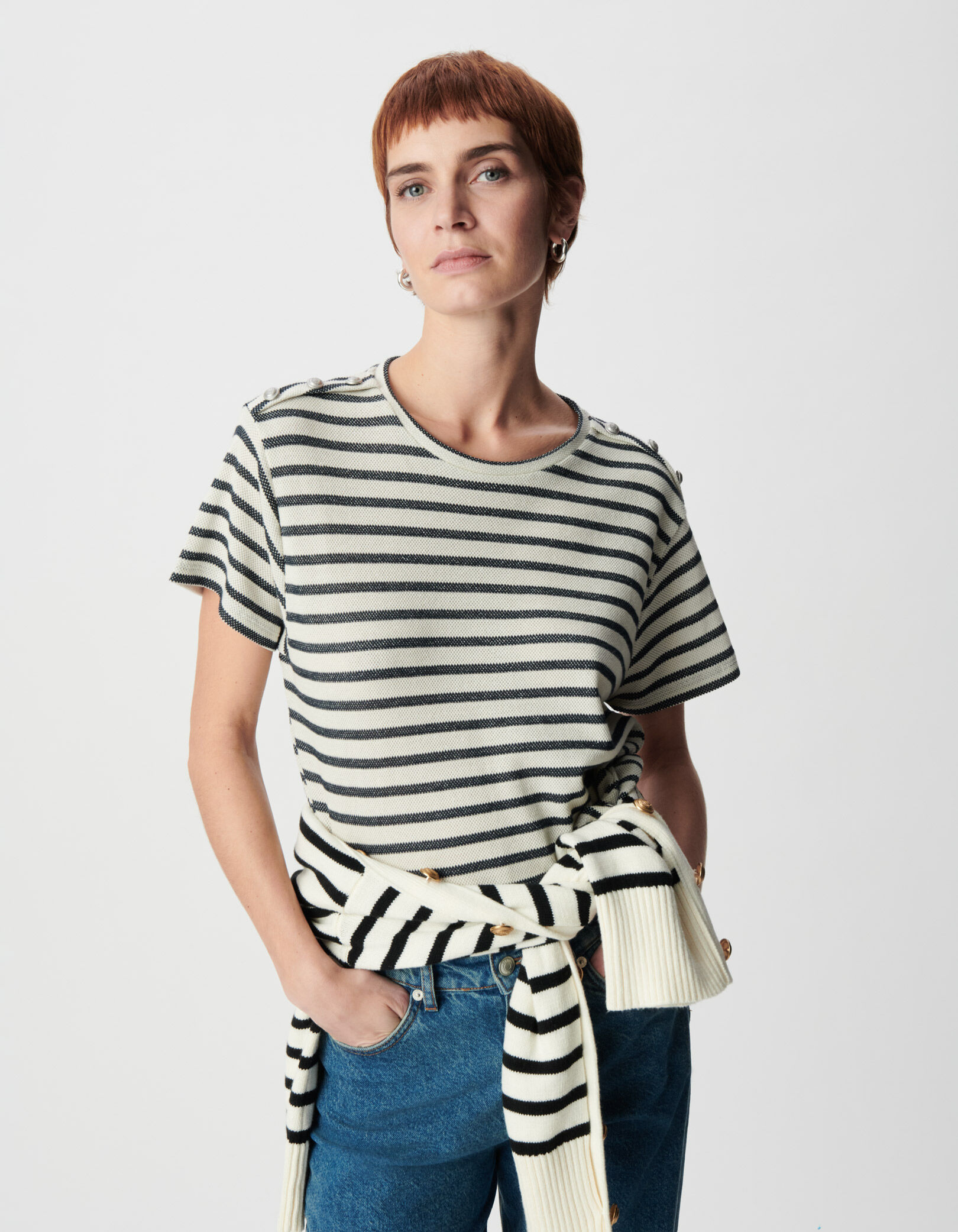 Tee-shirt marinière pailleté boutons épaules Femme
