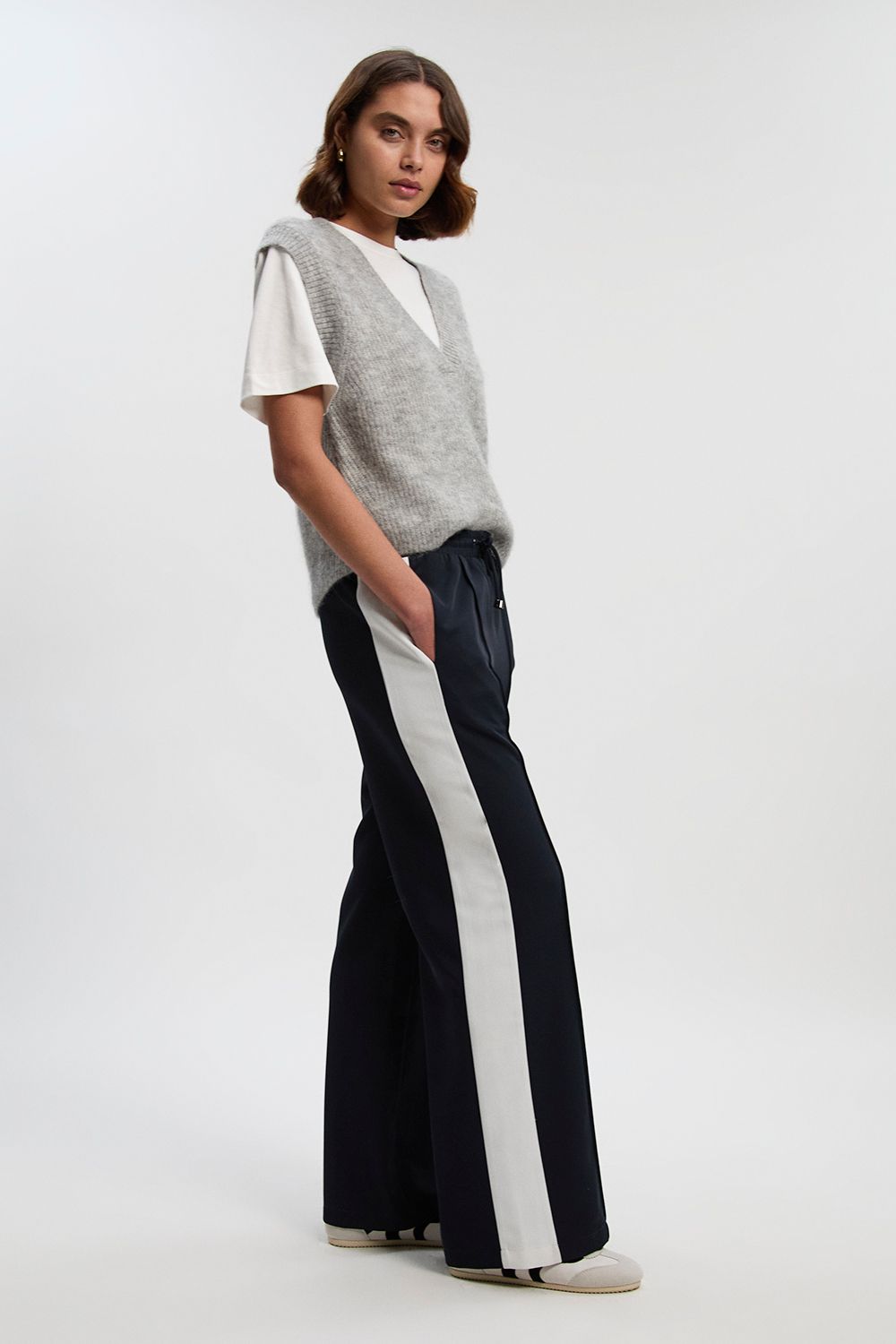 KarenMillen Twill Contrast Woven Wide Leg Trousers