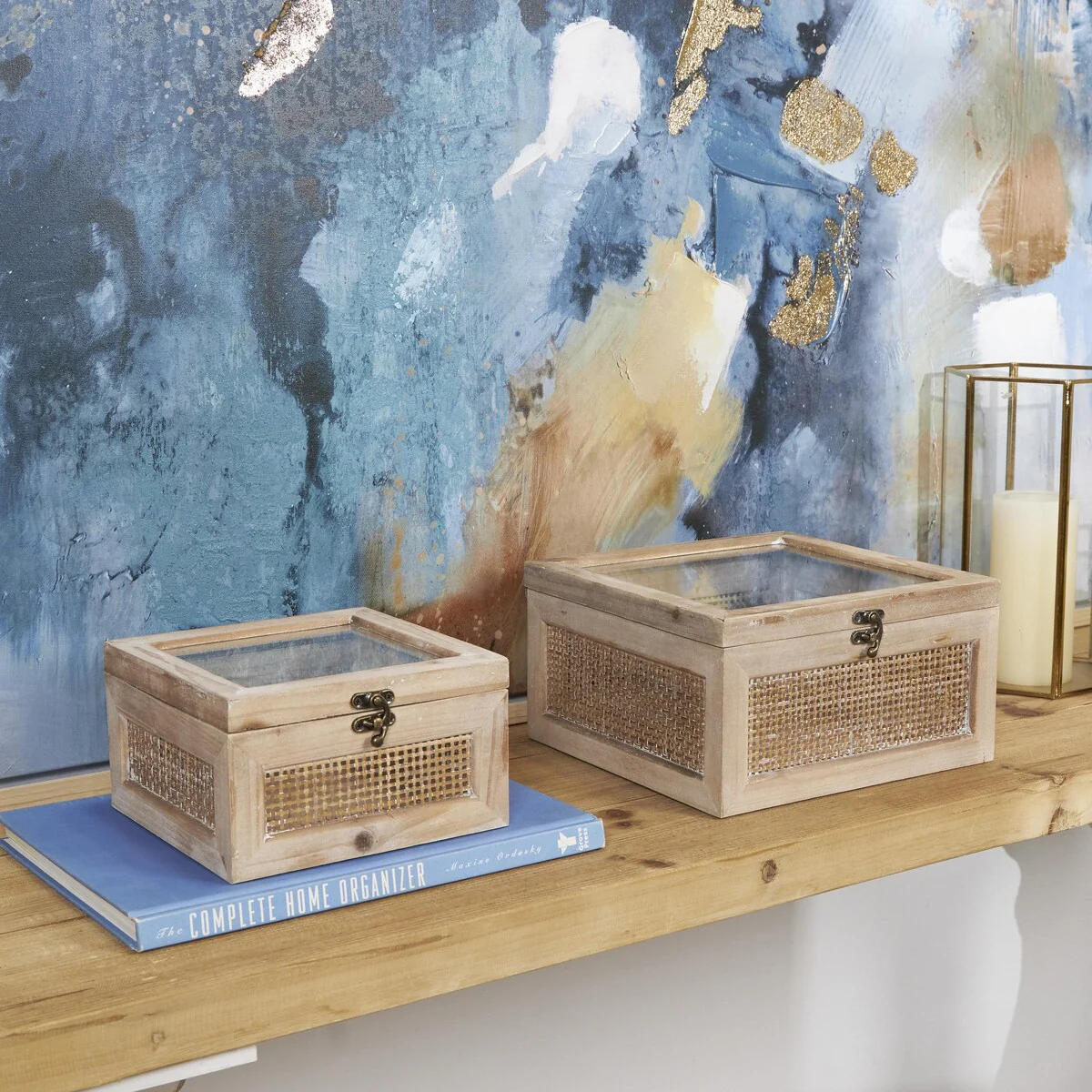 Wood Glass Top Decorative Box with Rattan Side Panels and Bronze Hook Closures - Set of 2 Light Brown - Roche River Decor