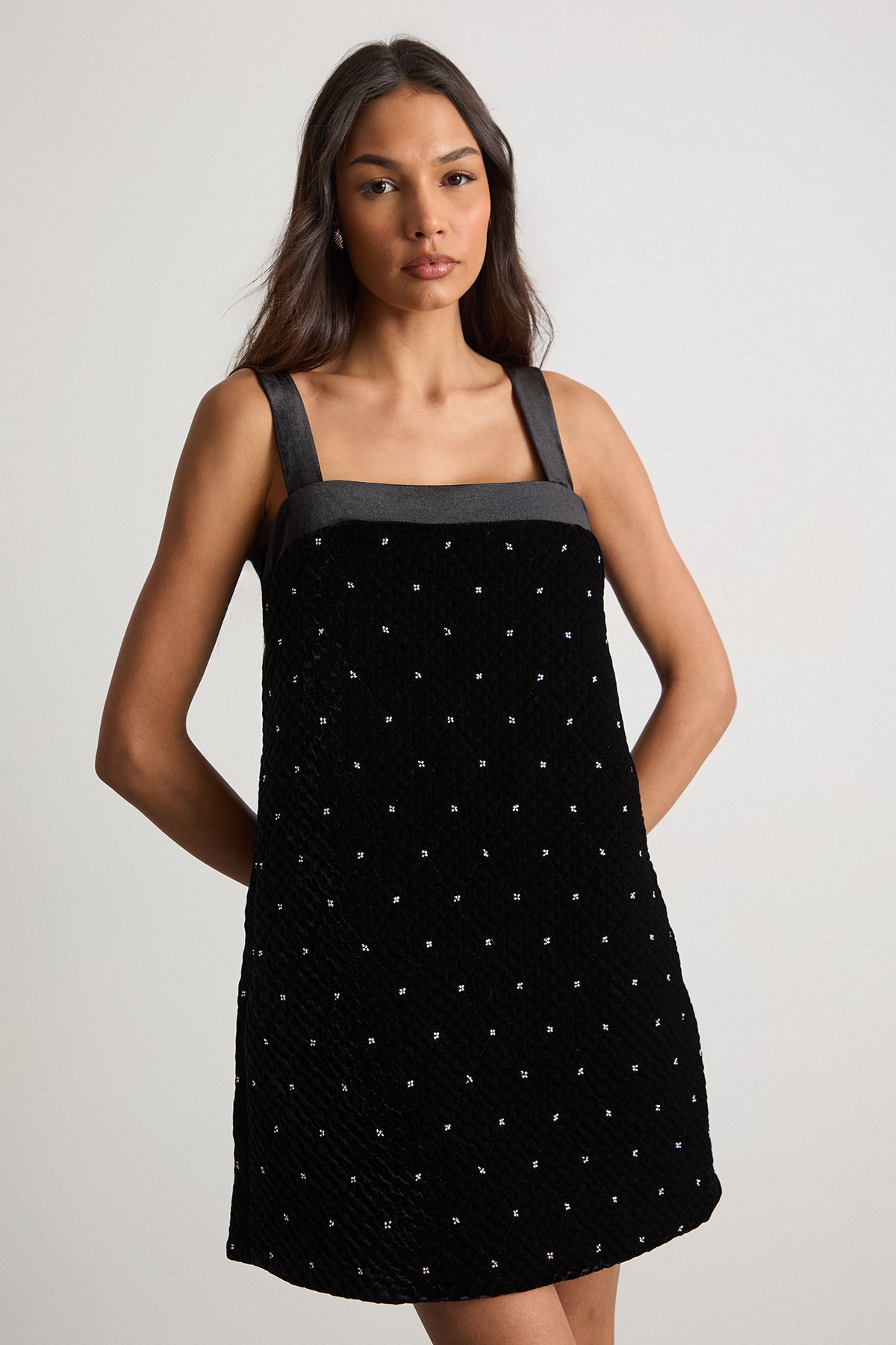 Warehouse Embellished Quilted Velvet Pinafore Dress