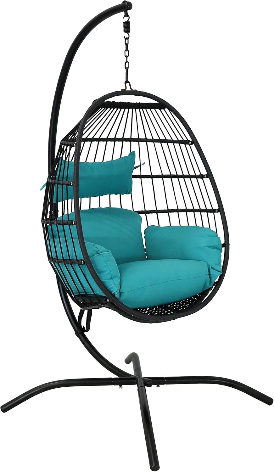 Sunnydaze Dalia Resin Wicker Hanging Egg Chair with - Teal Polyester Cushions and Powder-Coated Steel Stand - 81 Inches H