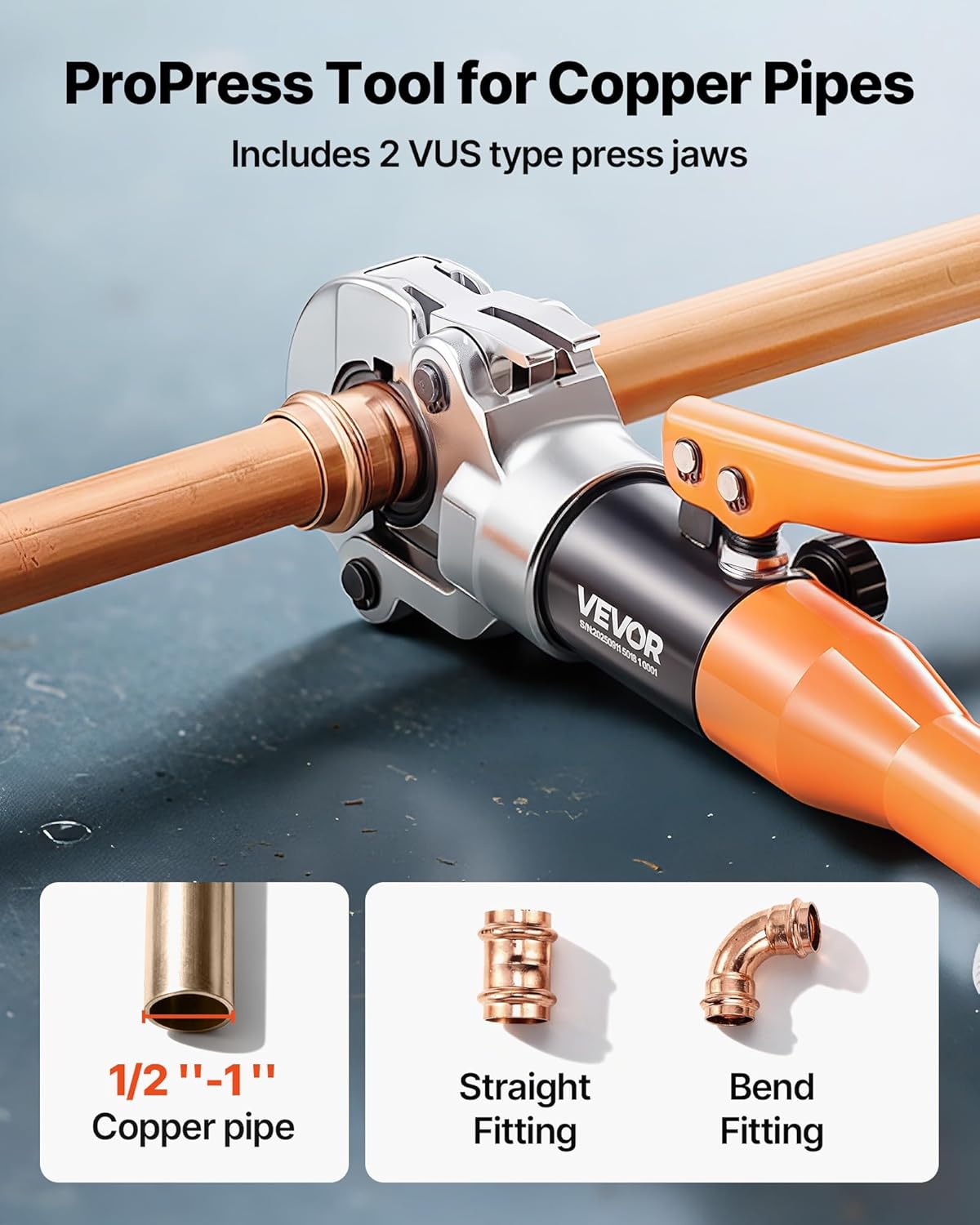 VEVOR Copper Pipe Crimping Tool, Hydraulic Driven Pro Press Tool with 1/2, 3/4, 1 Jaws, Copper Tube Fittings Crimper for Narrow Spaces, Straight & Bend Fittings - with Carrying Case