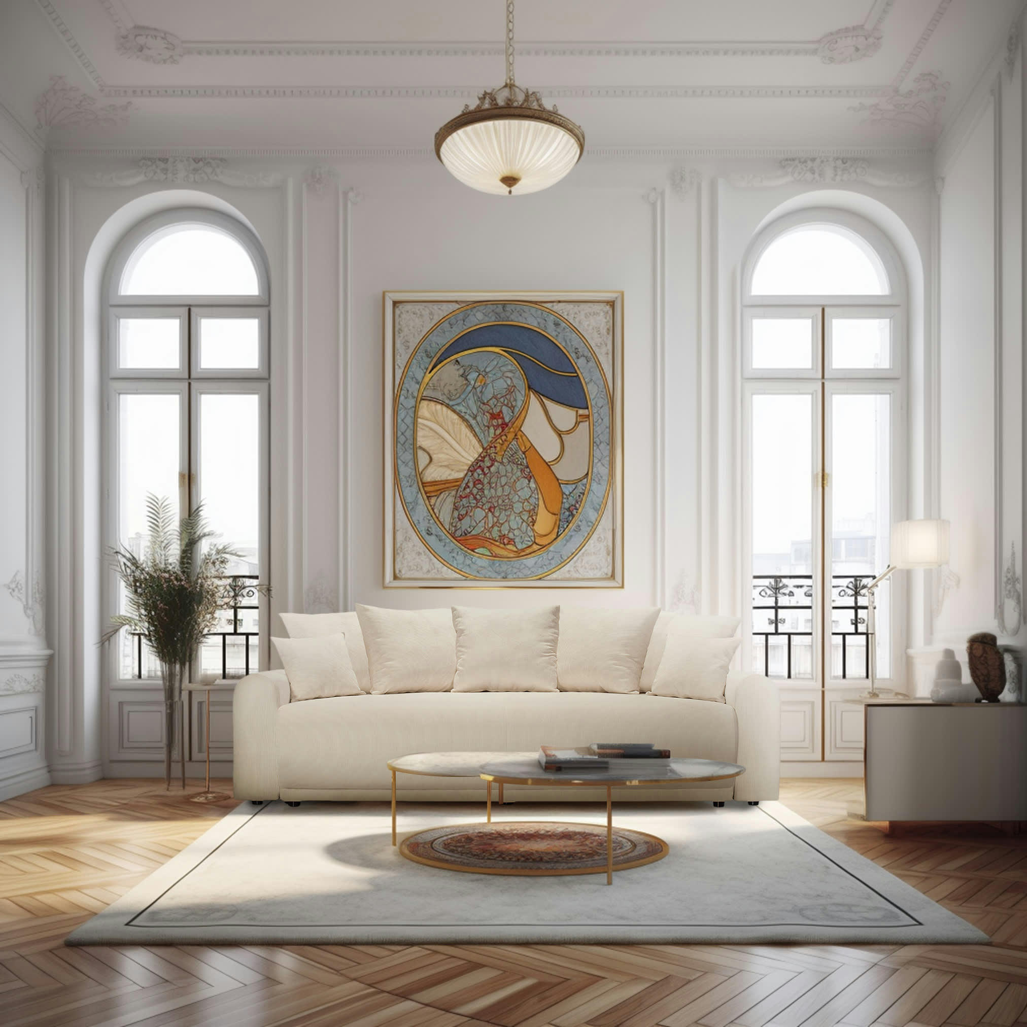 ODEON - Canapé droit convertible 4 places en velours côtelé beige