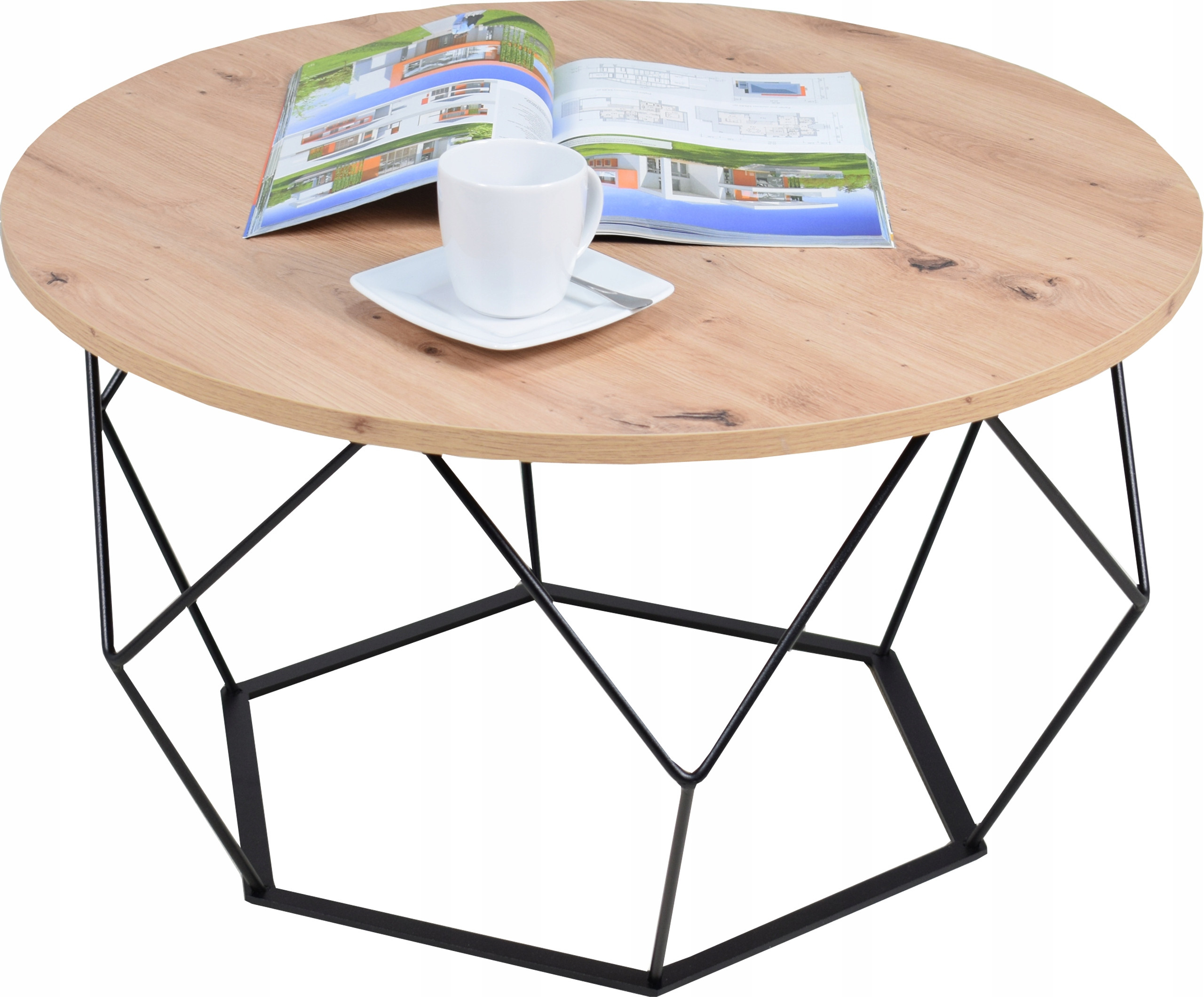 Okrągły Stoliczek Kawowy DIAMENT Loft Salon 75x75x43 Czarny Dąb Artisan