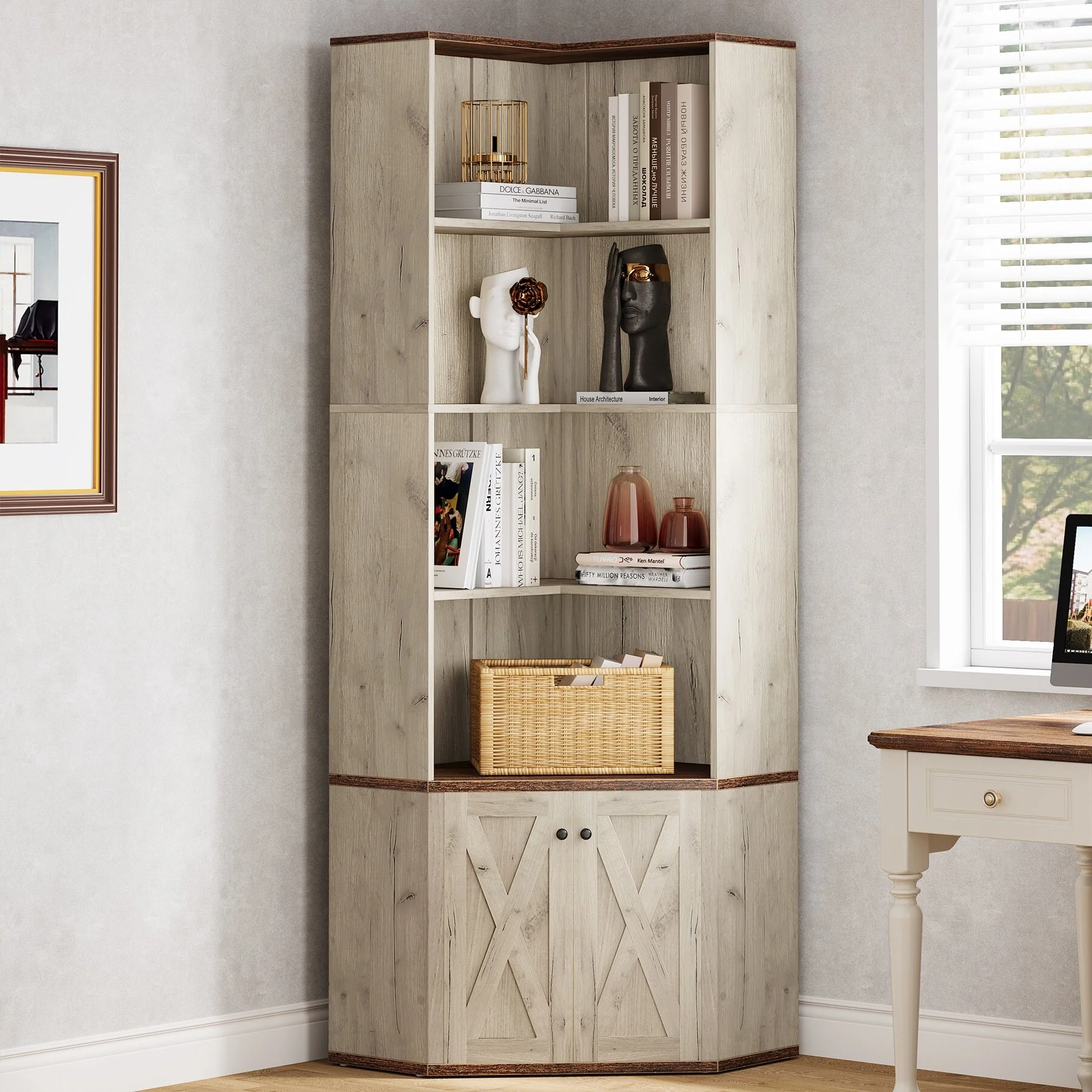 Farmhouse L-Shaped Corner Shelf Bookcase with Hidden Cabinet