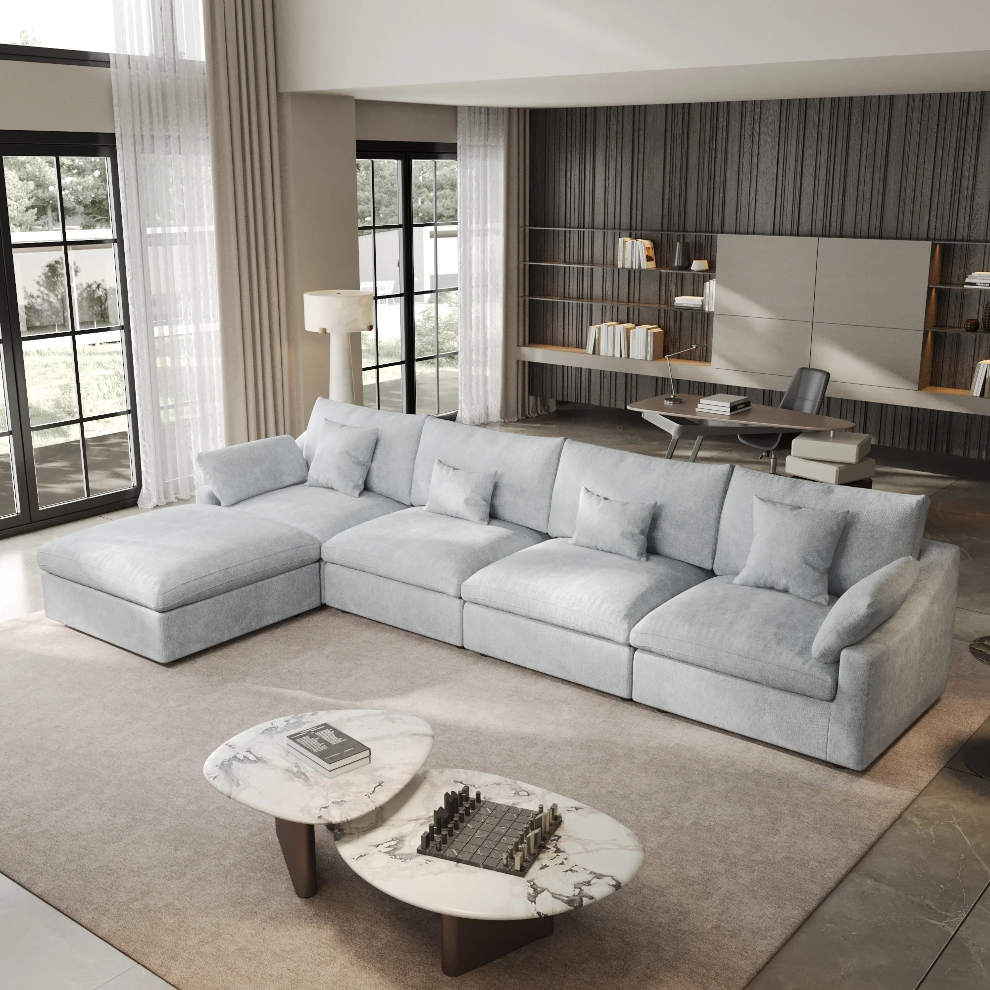 155.9 L-shaped Modern Linen Sectional Modular Sofa 4-Seater Down Filled Cloud Couch with Ottoman
