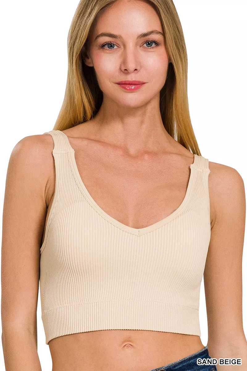 Seamless Ribbed Cropped Bra Padded V-Neck Tank