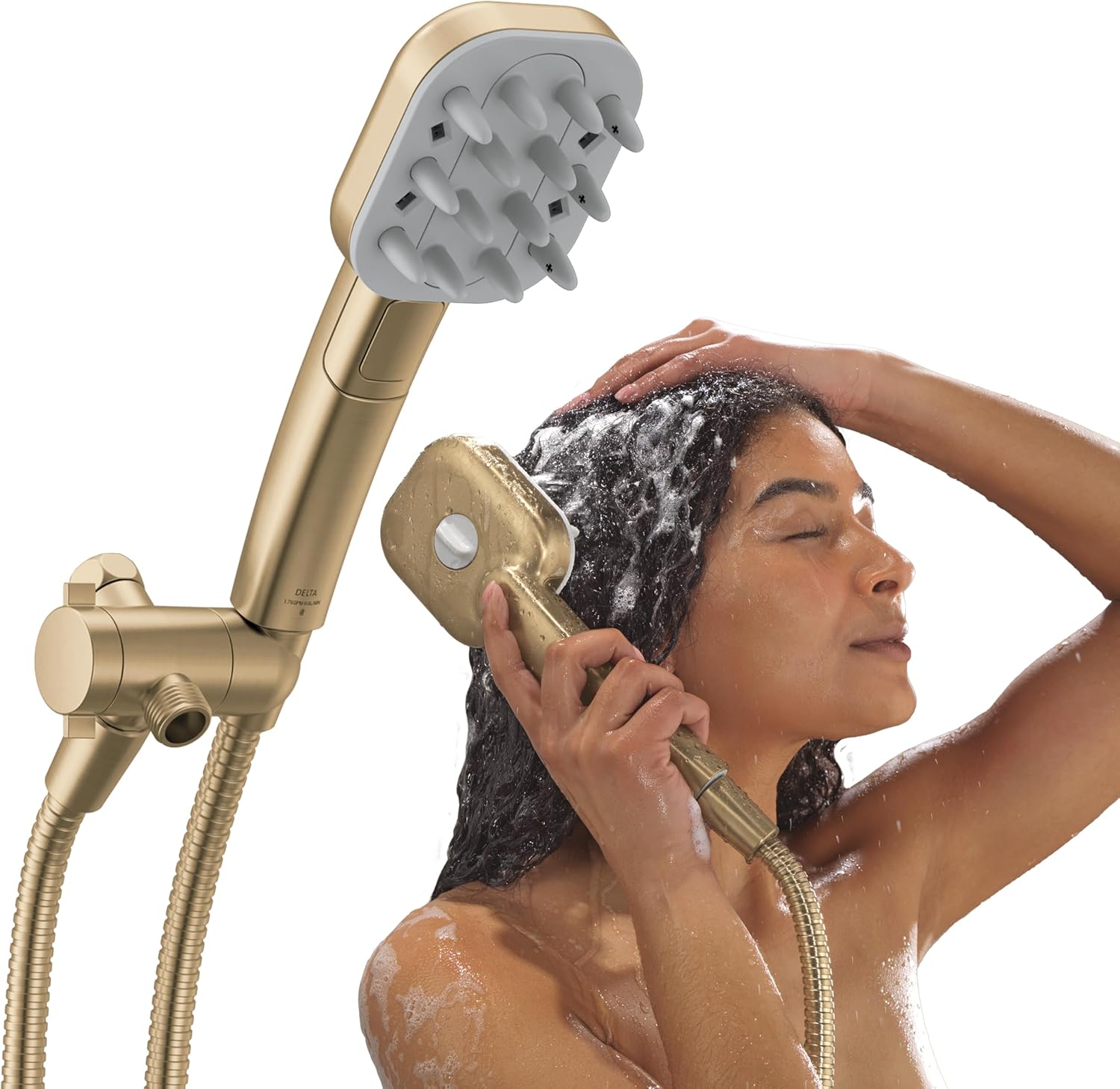 Delta VersaCurl Detangling Handheld Shower Head Tool for Curly Hair with 3 Curl Defining Brush Inserts Included, Detangler Brush Hand Shower with Hose, Champagne Bronze 74B430CZ