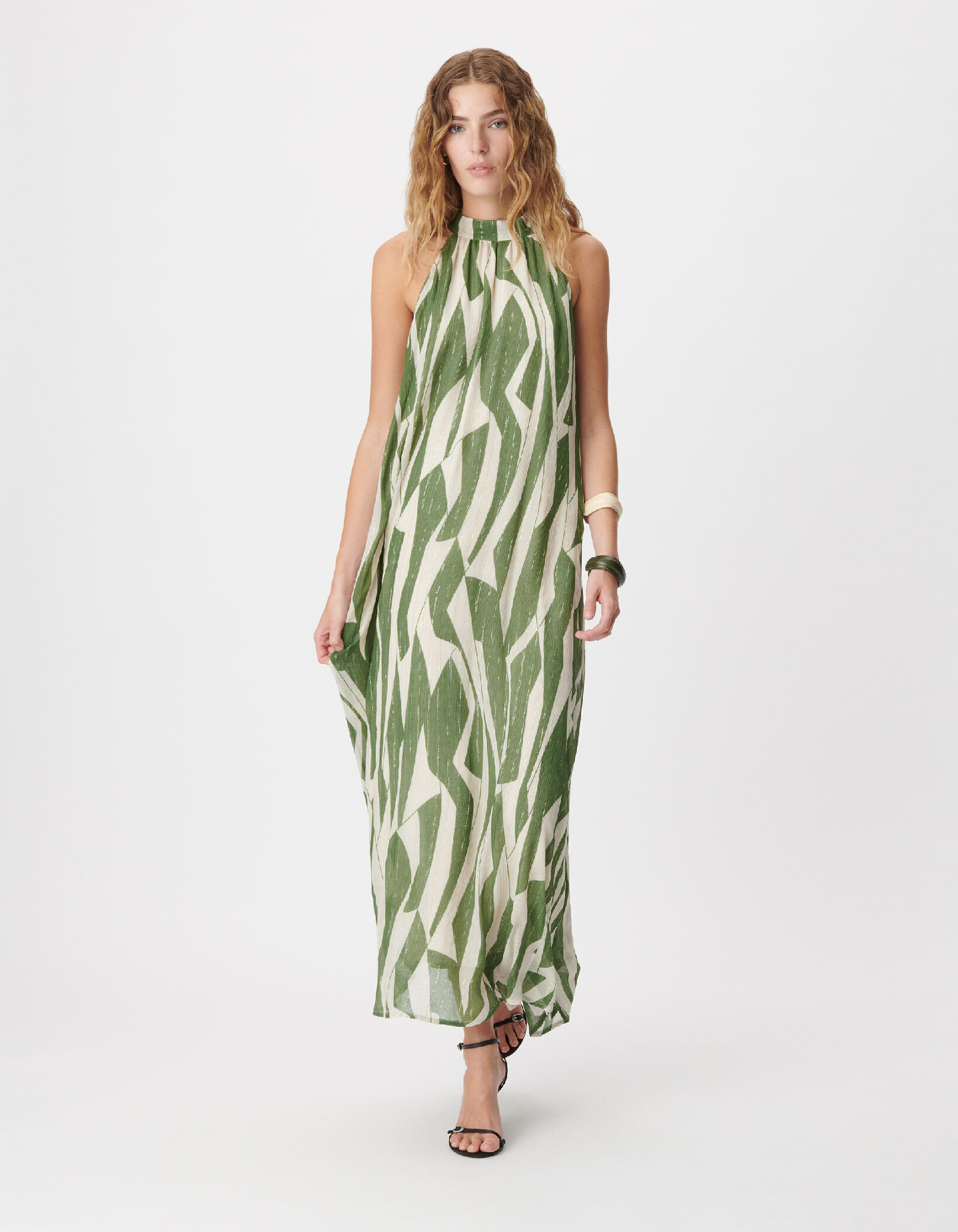 Robe longue verte imprimé graphique Femme