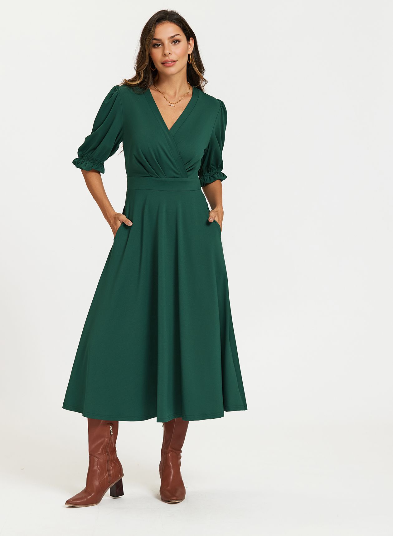 FS Collection Half Sleeves Jersey Midi Dress with Wrap Neckline In Green