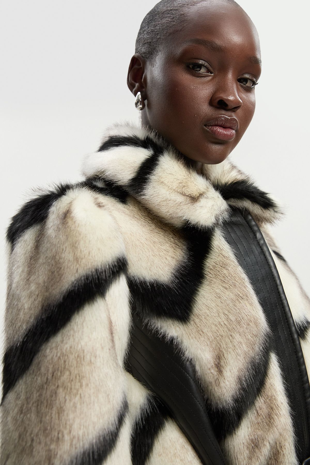 KarenMillen Panelled Stripe Faux Fur Pu Belted Long Coat