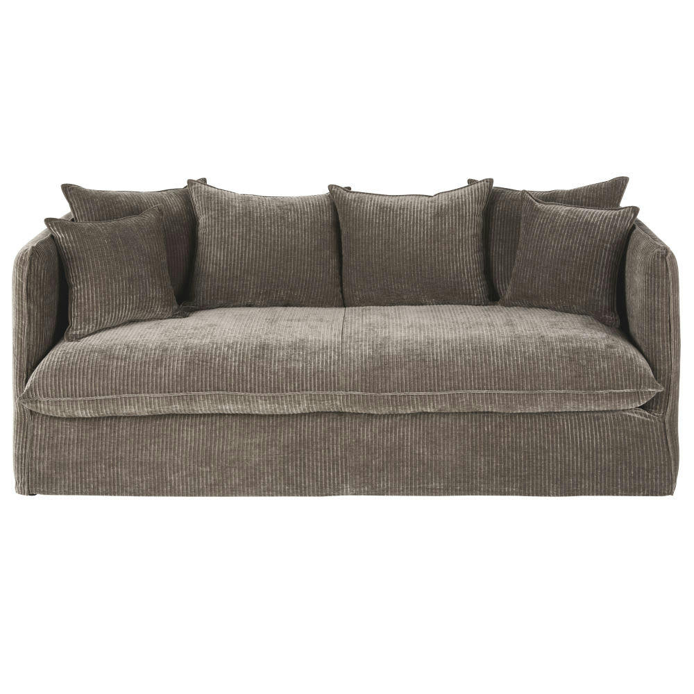 Louvain - Canapé convertible 3/4 places en velours côtelé marron écorce, matelas 10 cm