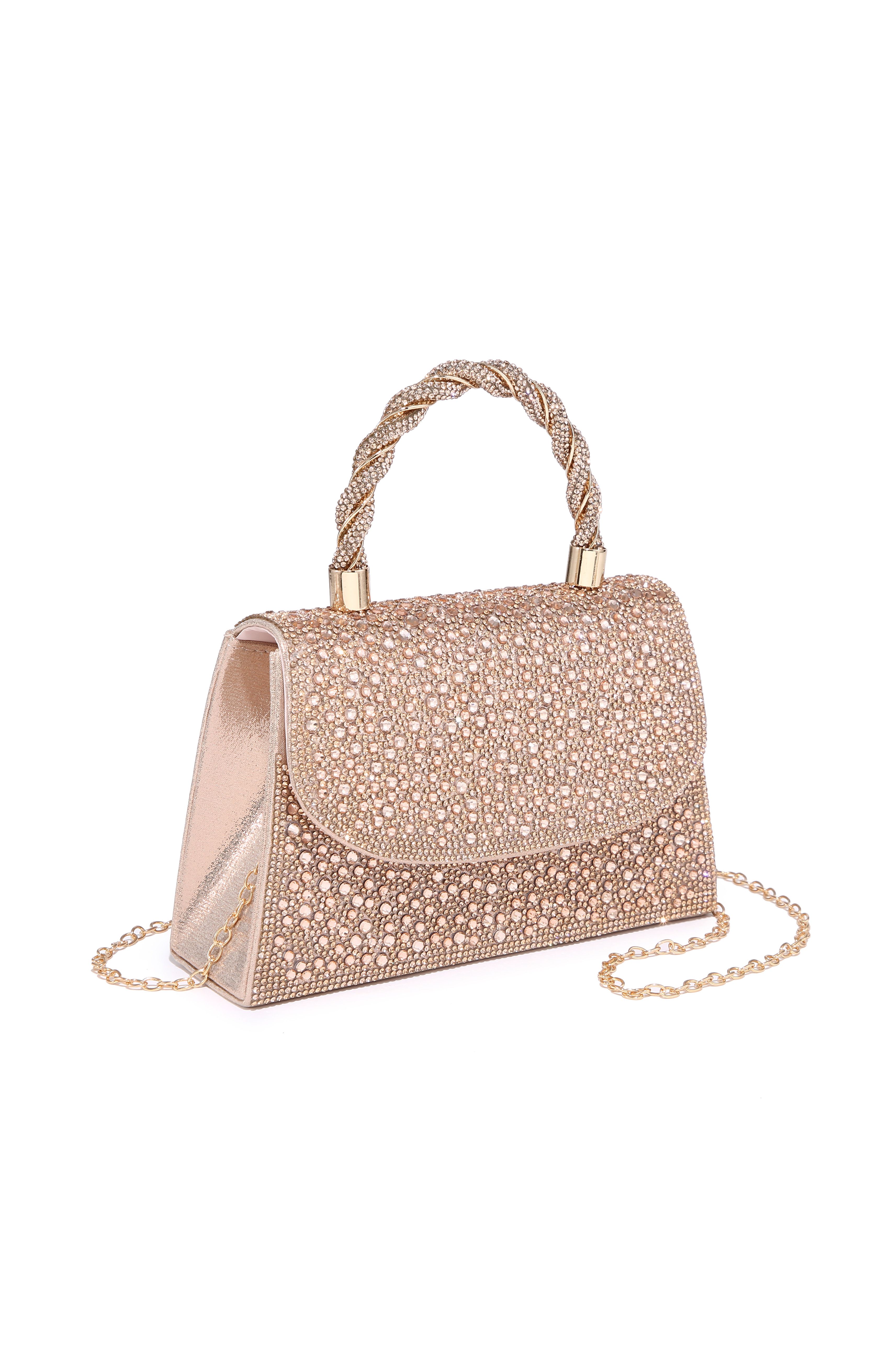 JFY Trapezoid Shape Flap Twist Handle Single Side Diamante Bag