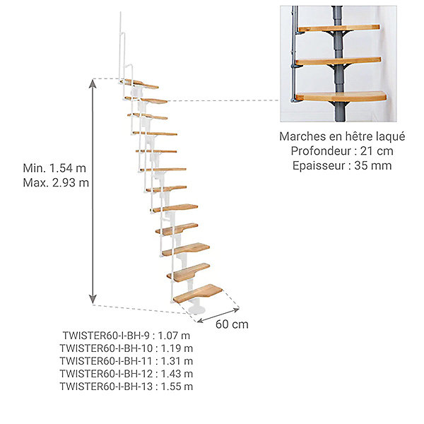 Escalier droit 10 marches - Hauteur à franchir 1.89 à 2.49m - Blanc et hêtre - TWISTER60-I-BH-10