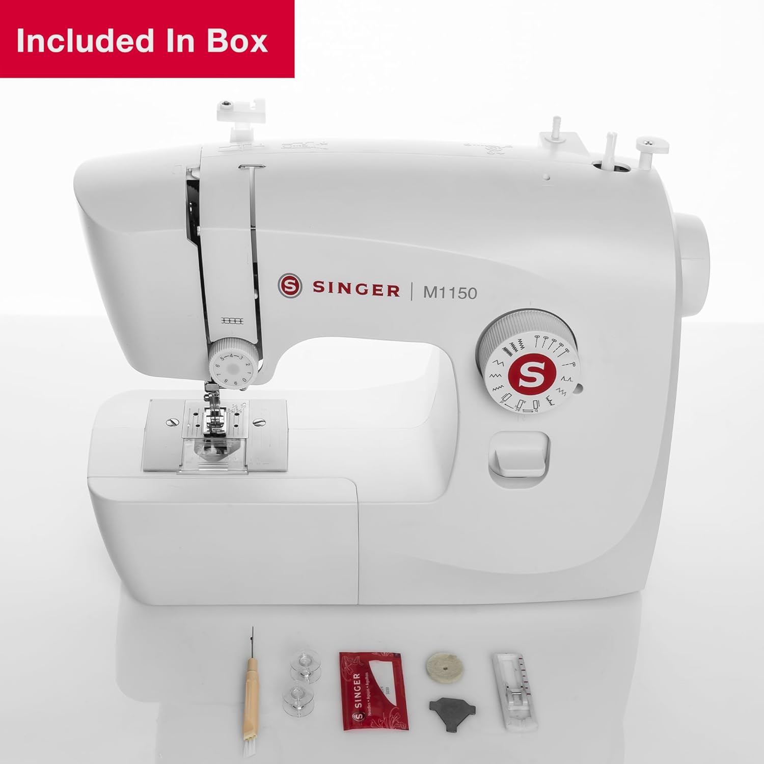 SINGER® M1150 Portable Sewing Machine (White) with Accessories | 16 Built-In Stitches Delivers 45 Stitch Applications | Top Drop-in Bobbin, 4-Step Buttonhole, LED Light | Ideal for Beginners