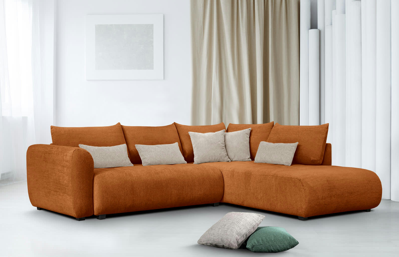 SORENO - Canapé d'angle droit 5 places noisette avec le couchage