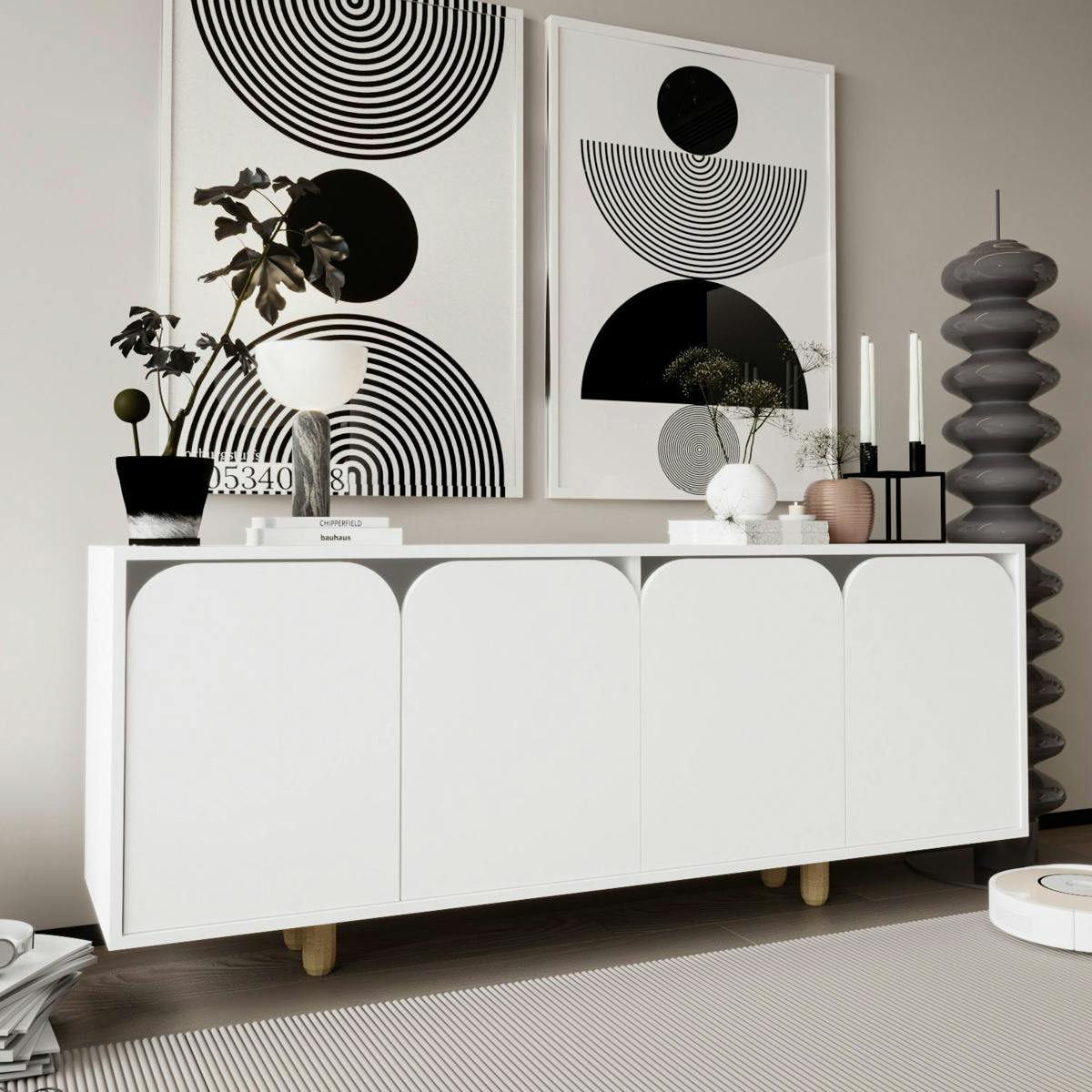 Buffet blanc moderne 4 portes courbes 180 cm VAREN